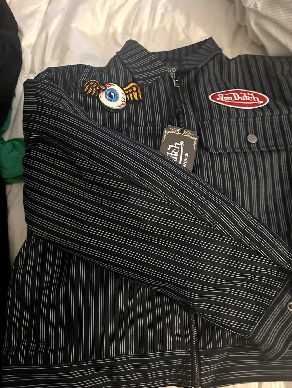 Von Dutch Black Pinstripe Bomber Jacket with Winged Eyeball Patch